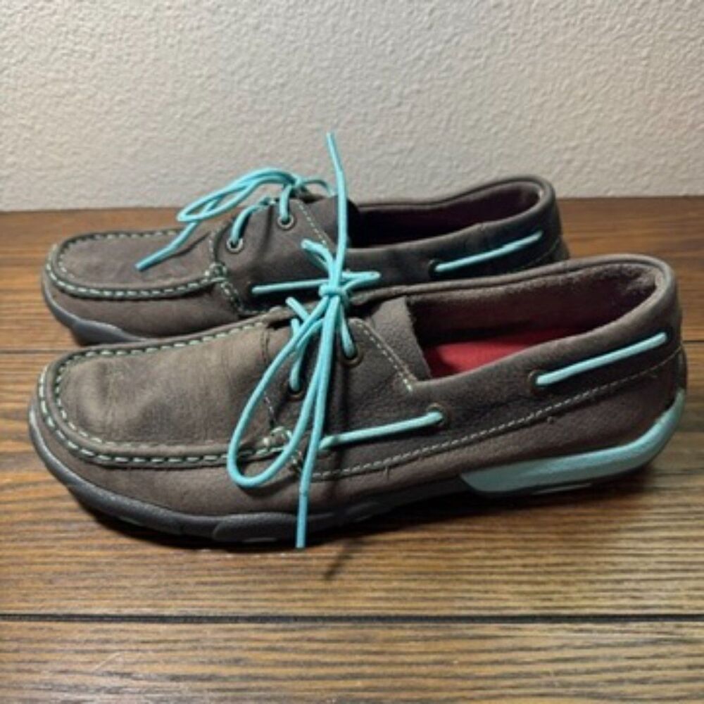 Twisted X Driving Moccasins Women's Size 7.5M Brown Turquoise Leather Loafers